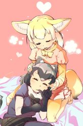 Rule 34 | 10s, 2girls, :3, ^ ^, abstract background, ahobaka, animal ears, bed sheet, black gloves, black hair, black legwear, black ribbon, black skirt, blonde hair, blue shirt, blush, brown hair, clenched hand, closed eyes, common raccoon (kemono friends), extra ears, eyelashes, facing another, fennec (kemono friends), finger to mouth, floral background, fox ears, fox tail, fur collar, fur trim, gloves, gradient clothes, gradient legwear, grey hair, hands on another&#039;s head, headpat, heart, highres, kemono friends, lap pillow, lying, motion lines, multicolored clothes, multicolored hair, multicolored legwear, multiple girls, neck ribbon, open mouth, pantyhose, pink sweater, pleated skirt, puffy short sleeves, puffy sleeves, raccoon ears, raccoon tail, ribbon, shadow, shirt, short-sleeved sweater, short hair, short sleeves, sitting, skirt, sleeping, smile, striped tail, sweater, tail, thumb sucking, twitter username, white hair, yellow legwear, yellow ribbon, yuri