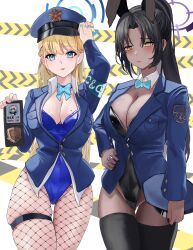 Rule 34 | 2girls, alternate costume, animal ears, arm up, black hair, black leotard, black nails, black thighhighs, blue archive, blue bow, blue bowtie, blue eyes, blue halo, blue jacket, blue leotard, blue nails, blush, bow, bowtie, breasts, cleavage, closed mouth, collared shirt, commentary request, cowboy shot, dark-skinned female, dark skin, detached collar, fake animal ears, fishnet pantyhose, fishnets, halo, hand on own hip, highres, holding, jacket, karin (blue archive), karin (bunny) (blue archive), large breasts, leotard, long hair, long sleeves, looking at viewer, mole, mole on breast, multiple girls, nail polish, pannko6216, pantyhose, parted bangs, parted lips, police, police uniform, ponytail, purple halo, shirt, skindentation, thigh gap, thigh strap, thighhighs, thighs, toki (blue archive), uniform, white shirt, yellow eyes