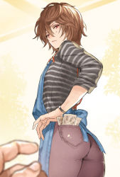 Rule 34 | 10s, 1boy, alternate costume, apron, ass, banknote, brown hair, denim, dollar bill, doushite, granblue fantasy, hair between eyes, jeans, looking at another, male focus, money, pants, pov, red eyes, sandalphon (granblue fantasy), sandalphon (server of a sublime brew) (granblue fantasy), shirt, solo focus, striped clothes, striped shirt, tucked money