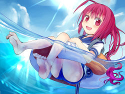 Rule 34 | 10s, 1girl, ass, barefoot, blush, feet, hair ribbon, i-168 (kancolle), innertube, kantai collection, long hair, looking at viewer, meriibe, one-piece swimsuit, open mouth, partially submerged, personification, ponytail, red eyes, red hair, ribbon, school swimsuit, school uniform, serafuku, smile, solo, swim ring, swimsuit, swimsuit under clothes, water