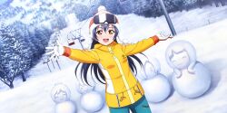 Rule 34 | 1girl, absurdres, blue hair, blush, character request, character snowman, day, fur-trimmed headwear, fur trim, gloves, goggles, goggles on head, hat, high collar, highres, jacket, long hair, looking at viewer, love live!, love live! school idol festival all stars, official art, open mouth, orange eyes, outdoors, outstretched arms, pine tree, pom pom (clothes), ski gear, ski goggles, ski lift, smile, snow, snowman, solo, sonoda umi, tree, very long hair, zipper