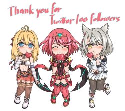 Rule 34 | 3girls, black gloves, blowing kiss, breasts, chest jewel, chibi, earrings, feichu keju, fingerless gloves, fiora (xenoblade), gloves, highres, jewelry, large breasts, mio (xenoblade), multiple girls, pyra (xenoblade), red eyes, red hair, red shorts, short hair, short shorts, shorts, swept bangs, thighhighs, tiara, xenoblade chronicles (series), xenoblade chronicles 1, xenoblade chronicles 2, xenoblade chronicles 3