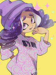 Rule 34 | 1girl, arm behind back, beanie, drill hair, floating hair, furrowed brow, hand up, hat, highres, koike3582, long hair, long shirt, nintendo, octoling, octoling girl, octoling player character, open mouth, purple eyes, purple hair, purple hat, shirt, simple background, smile, solo, splatoon (series), tentacle hair, yellow background