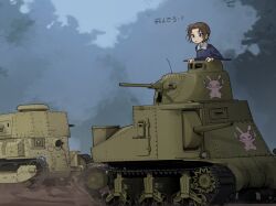 Rule 34 | 1girl, blue jacket, brown hair, commentary, day, dongdong (0206qwerty), emblem, forest, girls und panzer, highres, jacket, long sleeves, looking to the side, m3 lee, military vehicle, motor vehicle, nature, ooarai (emblem), ooarai military uniform, open mouth, outdoors, parted bangs, rabbit, sawa azusa, short hair, sweatdrop, tank, throat microphone, translated, type 89 i-gou