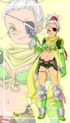 Rule 34 | 1girl, alfa system, armor, boots, bra, breasts, character name, eyepatch, grey hair, long hair, midriff, navel, ponytail, qq selesneva, short shorts, shorts, smile, tales of (series), tales of innocence, underwear, yellow background, yellow eyes