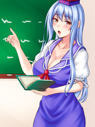 Rule 34 | 1girl, blue dress, blue hair, blush, book, breasts, chalkboard, collarbone, commentary request, cowboy shot, dress, hat, kamishirasawa keine, large breasts, long hair, looking at viewer, mimasi osuwari, open mouth, puffy short sleeves, puffy sleeves, red eyes, short sleeves, solo, talking, touhou