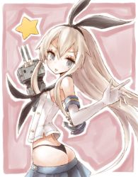 Rule 34 | 10s, 1girl, anchor, anchor hair ornament, ass, bad id, bad pixiv id, black panties, buran (kure), elbow gloves, gloves, grey eyes, hair ornament, hairband, kantai collection, long hair, panties, personification, rensouhou-chan, shimakaze (kancolle), silver hair, thong, underwear, whale tail (clothing)