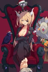1girl, absurdres, alcohol, barefoot, bird, black jacket, black pants, black suit, blonde hair, bottle, breasts, business suit, clown nose, commentary request, cosplay, crown, cup, demon girl, demon horns, drinking glass, eyebrows visible through hair, eyepatch, fake horns, feet, fischl (genshin impact), fork, formal, genshin impact, gloves, green eyes, grin, hair over one eye, hair ribbon, hand up, hat, helltaker, highres, hilichurl (genshin impact), holding, holding bottle, holding cup, holding fork, horns, jacket, kkry99, long hair, looking at viewer, lucifer (helltaker), lucifer (helltaker) (cosplay), medium breasts, mole, mole under eye, no bra, open mouth, orange juice, oz (genshin impact), pant suit, pants, raven (animal), red shirt, ribbon, santa hat, shirt, sitting, skull, smile, smug, soles, suit, throne, toes, two side up, white gloves, white horns, wine, wine glass