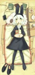 Rule 34 | 1girl, animal ears, black dress, black pantyhose, blush stickers, book, box, bright pupils, cardboard box, cellphone, collared dress, cup, dress, expressionless, fake animal ears, food, food in mouth, from above, full body, green eyes, highres, kezuru, loafers, long sleeves, lying, medium hair, necktie, no sclera, on back, open book, original, own hands together, pantyhose, phone, pocky, rabbit ears, saucer, sheep, shoes, smartphone, solo, teacup, teapot, unworn shoes, white hair, white necktie, white pupils