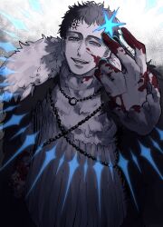 Rule 34 | 1boy, black clover, black hair, blood, blood on clothes, blood on face, blood on hands, cape, facial mark, forehead mark, fur-trimmed cape, fur trim, highres, looking up, lucius zogratis, male focus, open mouth, robe, runadon1146, short hair, smile, solo
