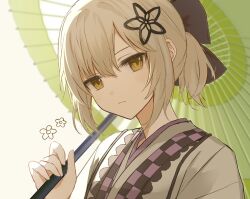 Rule 34 | 1girl, arknights, asahi (abc123lkb), blonde hair, bow, brown bow, commentary, flower, frown, green umbrella, hair bow, hair flower, hair ornament, hand up, highres, japanese clothes, kimono, looking at viewer, official alternate costume, oil-paper umbrella, scene (arknights), scene (betsushi) (arknights), serious, short ponytail, simple background, solo, umbrella, white background, white kimono, yellow eyes