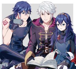 Rule 34 | 1girl, 2boys, ameno (a meno0), arm tattoo, black gloves, black pants, black robe, black sweater, blue cape, blue eyes, blue gloves, blue hair, blue pants, blue shirt, blush, book, brown eyes, buttons, cape, chrom (fire emblem), closed mouth, collarbone, commentary request, crests (fire emblem), father and daughter, fingerless gloves, fire emblem, fire emblem awakening, gloves, grey gloves, hair between eyes, height difference, holding, holding book, hood, hood down, hooded robe, long hair, lucina (fire emblem), multiple boys, nintendo, open book, pants, reading, red cape, ribbed sweater, robe, robin (fire emblem), robin (male) (fire emblem), shirt, short hair, simple background, single sleeve, sitting, smile, sweater, tattoo, tiara, turtleneck, turtleneck sweater, two-tone cape, white hair