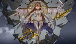 Rule 34 | 1girl, battle mage (dungeon and fighter), breasts, brown hair, center opening, choker, detached sleeves, dress, dungeon and fighter, highres, horns, invisible chair, long hair, looking at viewer, mage (dungeon and fighter), navel, sitting, small breasts, solo, staff, strapless, strapless dress, thighhighs, wangchuan de quanyan, white thighhighs, yellow eyes