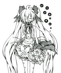 Rule 34 | 1girl, ahoge, bad id, bad pixiv id, bouquet, bowtie, closed eyes, covered mouth, flower, flower over mouth, hair between eyes, hatsune miku, hinata riku, holding, holding bouquet, lineart, long hair, monochrome, simple background, solo, standing, striped bow, striped bowtie, striped clothes, thighhighs, twintails, very long hair, vocaloid, white background