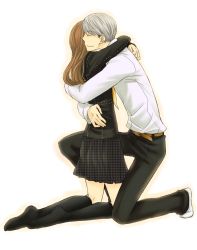 Rule 34 | 1boy, 1girl, aged up, atlus, bad id, bad pixiv id, brown hair, doujima nanako, grey hair, hetero, hug, magi12, narukami yuu, persona, persona 4, school uniform