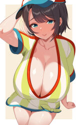 Rule 34 | 1girl, absurdres, alternate breast size, blue eyes, breasts, brown hair, cleavage, collarbone, hair between eyes, hand on another&#039;s head, hat, highres, hololive, large breasts, looking at viewer, multicolored shirt, ni tamago sando, oozora subaru, shirt, short hair, short sleeves, simple background, solo, thighs, two-tone background, virtual youtuber