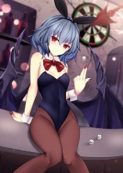 Rule 34 | 1girl, alternate costume, animal ears, bare arms, bare shoulders, bat wings, blue hair, bottle, bow, bowtie, breasts, commentary request, dartboard, dice, fake animal ears, feet out of frame, fingernails, hair between eyes, head tilt, highres, knees together feet apart, leotard, looking at viewer, nail polish, pantyhose, playboy bunny, rabbit ears, red bow, red bowtie, red eyes, red nails, remilia scarlet, sharp fingernails, shelf, short hair, sinkai, sitting, small breasts, smile, solo, thighs, touhou, wings, wrist cuffs