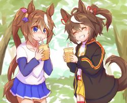 Rule 34 | 2girls, ^ ^, ahoge, animal ears, bendy straw, black jacket, blue eyes, blue shirt, blue skirt, blush, brown hair, closed eyes, closed mouth, collarbone, commentary request, cup, day, disposable cup, drinking straw, closed eyes, grin, hair ribbon, highres, holding, holding cup, horse ears, horse girl, horse tail, jacket, kitasan black (umamusume), layered sleeves, long hair, long sleeves, multicolored hair, multiple girls, ooba jun, open clothes, open jacket, outdoors, pink ribbon, pleated skirt, ponytail, puffy long sleeves, puffy sleeves, ribbon, shirt, short over long sleeves, short shorts, short sleeves, shorts, skirt, sleeves past wrists, smile, streaked hair, tail, tail raised, tokai teio (umamusume), transparent, tree, umamusume, very long hair, white hair, white shirt, yellow shorts
