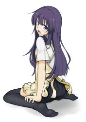 Rule 34 | 1girl, absurdres, apron, blush, from behind, highres, kazenoko, long hair, looking at viewer, looking back, open mouth, purple hair, simple background, sitting, smile, solo, thighhighs, uniform, wariza, white background, working!!, yamada aoi