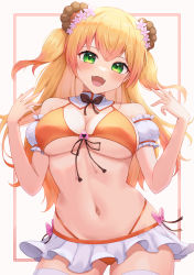 Rule 34 | 1girl, :d, alternate costume, animal ears, bare shoulders, bear ears, bikini, bikini skirt, blonde hair, blush, breasts, cleavage, commentary, contrapposto, cowboy shot, detached collar, detached sleeves, fangs, front-tie bikini top, front-tie top, green eyes, highres, hololive, large breasts, long hair, looking at viewer, momosuzu nene, multi-strapped bikini bottom, narrow waist, navel, open mouth, orange bikini, puffy detached sleeves, puffy short sleeves, puffy sleeves, short sleeves, skin fangs, smile, solo, stomach, string bikini, swimsuit, thighhighs, two side up, typho, underboob, virtual youtuber, w arms, white thighhighs, wide hips