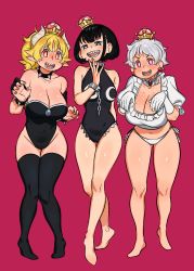 Rule 34 | 3girls, absurdres, bare legs, bare shoulders, barefoot, black hair, black legwear, black leotard, blonde hair, blue eyes, blush, bowsette, bracelet, breasts, bright pupils, chain, chain leash, cleavage, collar, commentary, cosplay, earrings, english commentary, full body, gloves, hands up, highres, jewelry, large breasts, leash, leotard, luigi&#039;s mansion, mario (series), medium hair, multiple girls, navel, new super mario bros. u deluxe, nia (nia4294), nintendo, open mouth, pants, pink background, pink eyes, pointy ears, ponytail, princess chain chomp, princess king boo, puffy short sleeves, puffy sleeves, red eyes, sharp teeth, short hair, short sleeves, simple background, smile, spiked bracelet, spiked collar, spikes, standing, strapless, strapless leotard, super crown, teeth, thighhighs, white gloves, white hair, white pants, white pupils