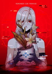 Rule 34 | 1girl, absurdres, ariane yeong, bath, bath of blood, blood, camisole, flower, highres, long hair, looking at viewer, red eyes, science fiction, signalis, solo, too many bandaids, white hair, xuuikie ashe
