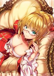 Rule 34 | 1girl, absurdres, ahoge, artist name, blonde hair, blush, braid, breasts, cleavage, closed mouth, collarbone, commentary request, couch, detached sleeves, dress, epaulettes, fate (series), fingernails, french braid, glasses, gold trim, green eyes, hair bun, highres, lips, looking at viewer, lying, medium breasts, nero claudius (fate), nero claudius (fate) (all), nero claudius (fate/extra), on side, puffy sleeves, red-framed eyewear, red dress, semi-rimless eyewear, shiny skin, shirokuma a, signature, simple background, single hair bun, smile, solo