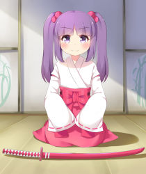 Rule 34 | 1girl, blush, closed mouth, commentary, hair bobbles, hair ornament, highres, ikazu401, indoors, japanese clothes, katana, long hair, long sleeves, looking at viewer, original, pink skirt, purple eyes, purple hair, scabbard, seiza, sheath, sitting, skirt, sleeves past fingers, sleeves past wrists, smile, solo, sword, weapon, wide sleeves