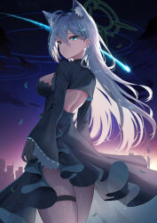 Rule 34 | 1girl, absurdres, animal ear fluff, animal ears, black dress, black gloves, blue archive, blue eyes, breasts, broken halo, cleavage, dark halo, diamond-shaped pupils, diamond (shape), dress, extra ears, from behind, gloves, grey hair, hair between eyes, hair ornament, halo, highres, li se, long hair, looking at viewer, medium breasts, outdoors, shiroko (blue archive), shiroko terror (blue archive), solo, symbol-shaped pupils, thigh strap, thighs, wolf ears