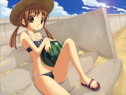 Rule 34 | 1girl, amarotamaro, bikini, brown eyes, brown hair, day, food, fruit, hat, holding, holding food, holding fruit, nail polish, original, sand, sandals, sitting, sitting on stairs, solo, stairs, swimsuit, twintails, watermelon