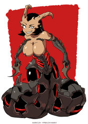 Rule 34 | 1girl, bare shoulders, black hair, breasts, commentary, cyborg, demon girl, doom (series), dual wielding, english commentary, full body, grin, highres, holding, horns, kukuruyo, lamia, large breasts, looking at viewer, monster girl, personification, red background, red eyes, sharp teeth, simple background, smile, solo, teeth, uneven eyes, v-shaped eyebrows, weapon, whiplash (doom eternal)