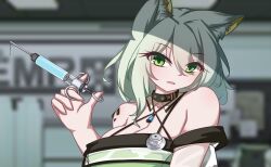 Rule 34 | 1girl, absurdres, animal ear fluff, animal ears, arknights, blurry, blurry background, blush, breasts, cat ears, cat girl, criss-cross halter, dior-zi, dress, green dress, green eyes, green hair, hair between eyes, halterneck, hand up, highres, holding, holding syringe, indoors, kal&#039;tsit (arknights), large breasts, looking at viewer, material growth, medium hair, off-shoulder dress, off shoulder, open mouth, oripathy lesion (arknights), parted lips, portrait, solo, syringe