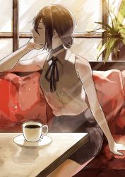 Rule 34 | 1girl, bare arms, bare shoulders, black choker, breasts, chainsaw man, choker, closed mouth, coffee, coffee cup, coffee mug, cup, disposable cup, closed eyes, hair bun, hand on own cheek, hand on own face, highres, medium breasts, meltykiss0316, miniskirt, mug, plant, reze (chainsaw man), ribbon, shirt, short hair, shorts, skirt, small breasts, smile, solo, white shirt