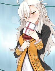 Rule 34 | 1girl, antenna hair, ascot, blush, box, braid, breath, buttons, closed mouth, commentary request, crossed bangs, fate/grand order, fate (series), frilled sleeves, frills, gift, gift box, holding, holding gift, indoors, long hair, long sleeves, looking at viewer, olga marie animusphere, orange eyes, red ascot, sabujiroko, side braid, solo, sweatdrop, valentine, very long hair, white hair