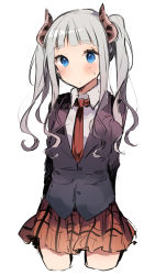 Rule 34 | 1girl, bad id, bad pixiv id, blue jacket, blunt bangs, blush, checkered clothes, checkered skirt, closed mouth, collared shirt, cowboy shot, cropped legs, demon horns, grey hair, highres, horns, ikeuchi tanuma, jacket, long hair, looking at viewer, necktie, no nose, original, pleated skirt, red necktie, red skirt, shirt, simple background, skirt, solo, standing, sweat, two side up, white background, white shirt