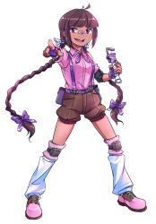 Rule 34 | 1girl, adapted costume, ahoge, bandaid, bandaid on face, bandaid on nose, belt, blunt bangs, bow, braid, breasts, brown shorts, collared shirt, dark skin, david hrusa, fingerless gloves, full body, gloves, hair bow, highres, holding, holding wrench, knee pads, leg warmers, long hair, open mouth, pink footwear, pink shirt, pointy ears, puffy short sleeves, puffy sleeves, purple belt, purple bow, purple eyes, purple gloves, purple ribbon, ribbon, rika (touhou), shirt, shoes, short sleeves, shorts, simple background, skirt, small breasts, suspender skirt, suspenders, teeth, thick eyebrows, tools, touhou, touhou (pc-98), transparent background, twin braids, upper teeth only, very long hair, white bow, wrench