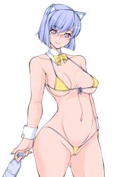 Rule 34 | 1girl, 2k-tan, areola slip, bare arms, bare shoulders, bikini, blue eyes, blue hair, bottle, bow, bowtie, breasts, cameltoe, cleavage, cleft of venus, closed mouth, collarbone, covered erect nipples, cowboy shot, detached collar, eyelashes, front-tie bikini top, front-tie top, headgear, highres, holding, holding bottle, large breasts, legs apart, light blue hair, looking at viewer, micro bikini, os-tan, over-rim eyewear, red-framed eyewear, ruriwo (ruriwo1894), semi-rimless eyewear, short hair, simple background, smile, solo, split mouth, standing, swimsuit, thighs, underboob, water bottle, white background, wrist cuffs, yellow bikini, yellow bow, yellow bowtie