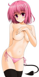 Rule 34 | 1girl, arm behind back, black thighhighs, blush, breasts, covering breasts, covering privates, cowboy shot, demon tail, hair ornament, highres, large breasts, looking at viewer, momo velia deviluke, navel, no pants, oda ken&#039;ichi, panties, pink hair, purple eyes, short hair, simple background, smile, solo, string panties, tail, thighhighs, to love-ru, topless, underwear, white background
