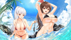 Rule 34 | 2girls, :d, absurdres, arms up, ball, bare arms, bare shoulders, beachball, bikini, bikini bottom only, unworn bikini bottom, black bikini, blue sky, breasts, brown hair, cleavage, cloud, collarbone, commentary request, cowboy shot, day, halterneck, highres, holding, holding ball, holding beachball, holding bikini, holding bikini bottom, holding clothes, holding swimsuit, large breasts, lillly, long hair, looking at viewer, multiple girls, navel, ocean, open mouth, original, palm tree, parted lips, ponytail, red bikini, red eyes, sky, smile, standing, stomach, string bikini, sun, swimsuit, thigh gap, tree, underboob, wading, water, wet, white hair
