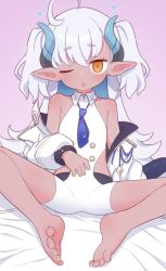 Rule 34 | 1girl, :o, ahoge, bare shoulders, barefoot, bike shorts, black shorts, blue archive, blue hair, blue necktie, bodysuit, clothing cutout, colored inner hair, commentary, dark-skinned female, dark skin, demon girl, demon horns, demon tail, feet, flat chest, halo, highres, horns, jacket, jacket partially removed, long hair, long sleeves, looking at viewer, multicolored hair, naga u, necktie, one eye closed, orange eyes, parted lips, pointy ears, puffy long sleeves, puffy sleeves, purple halo, shorts, side cutout, sleeveless, sleeveless bodysuit, soles, solo, spread legs, star halo, sumomo (blue archive), tail, toes, two-tone hair, two side up, white bodysuit, white hair, white jacket