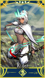 Rule 34 | 152 in can, 1girl, altera (fate), arrow (projectile), bow (weapon), card (medium), card parody, crown, dark-skinned female, dark skin, detached sleeves, fate/grand order, fate (series), full-body tattoo, holding, holding arrow, holding bow (weapon), holding weapon, looking at viewer, quiver, red eyes, servant card (fate/grand order), short hair, single sleeve, star (symbol), tattoo, veil, weapon, white hair