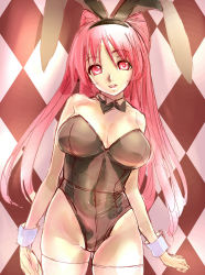 Rule 34 | 1girl, animal ears, bad id, bad pixiv id, bare shoulders, bow, bowtie, breasts, cuffs, dodai shouji, fake animal ears, highres, kousaka tamaki, large breasts, leotard, light smile, long hair, open mouth, pink eyes, pink hair, playboy bunny, rabbit ears, solo, thighhighs, thighs, to heart (series), to heart 2, white thighhighs