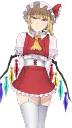Rule 34 | 1girl, blonde hair, cowboy shot, elbow gloves, flandre scarlet, frills, garter straps, gloves, hat, highres, looking at viewer, nicutoka, pointy ears, puffy sleeves, red eyes, simple background, skindentation, smile, solo, thighhighs, touhou, white background, wings