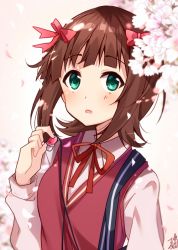Rule 34 | 1girl, :o, amami haruka, bad id, bad pixiv id, blunt bangs, blush, bow, brown hair, cable, cherry blossoms, collared shirt, earbuds, earphones, flower, green eyes, hair bow, hair ribbon, holding, holding earphones, idolmaster, idolmaster (classic), long sleeves, neck ribbon, omuretsu, open mouth, parted lips, petals, pink flower, red bow, red ribbon, red vest, ribbon, school uniform, shirt, short hair, sidelocks, signature, solo, spring (season), sweater vest, upper body, vest, white shirt, wing collar