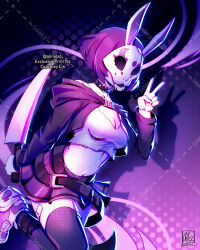 Rule 34 | 1girl, absurdres, alina l, animal ears, bandaid on thigh, breasts, buckle, choker, colored skin, heart, heart-shaped buckle, highres, holding, holding knife, holding weapon, knife, mask, medium breasts, midriff, neon violet, neon white, purple hair, rabbit ears, rabbit mask, shoes, short hair, skirt, sneakers, solo, thighhighs, v, weapon, white skin