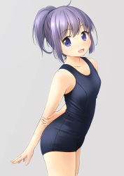 Rule 34 | 1girl, :d, bare arms, bare shoulders, black one-piece swimsuit, blush, breasts, collarbone, commentary request, grey background, hair between eyes, highres, looking at viewer, old school swimsuit, one-piece swimsuit, open mouth, original, ponytail, purple eyes, purple hair, school swimsuit, shibacha, sidelocks, simple background, small breasts, smile, solo, standing, swimsuit