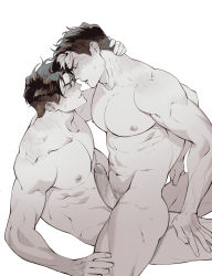 Rule 34 | 2boys, abs, anal, bara, batman (series), blush, brothers, chengzhineixihuanxiaogou, closed eyes, completely nude, dc comics, dick grayson, erection, greyscale, incest, jason todd, large pectorals, looking at another, male focus, male penetrated, male pubic hair, monochrome, multiple boys, muscular, muscular male, navel, nipples, nude, on person, pectorals, penis, pubic hair, short hair, siblings, sideburns, thick thighs, thighs, yaoi