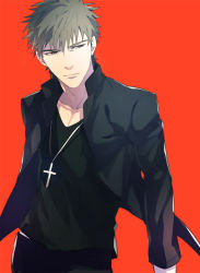 Rule 34 | 1boy, adapted costume, bad id, bad pixiv id, black jacket, brown eyes, brown hair, casual, cross, cross necklace, fate/zero, fate (series), habit, jacket, jewelry, kotomine kirei, male focus, necklace, open clothes, short hair, simple background, solo, sukumaraku