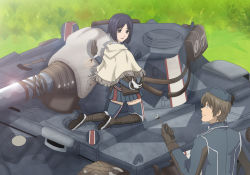 Rule 34 | 00s, 1boy, 1girl, black eyes, black gloves, black hair, blue thighhighs, brown hair, edelweiss (senjou no valkyria), eye contact, gloves, grass, hat, holding, isara gunther, jimauso, looking at another, military, military uniform, military vehicle, motor vehicle, outdoors, pleated skirt, senjou no valkyria, senjou no valkyria (series), senjou no valkyria 1, short hair, skirt, smile, tank, thighhighs, uniform, welkin gunther