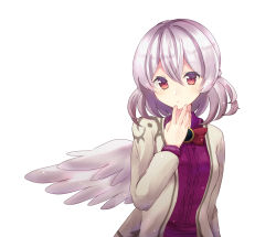 Rule 34 | 1girl, bow, bowtie, brooch, grey jacket, hand on own chin, highres, jacket, jewelry, kishin sagume, long sleeves, looking at viewer, minomushi (mino kkgt), purple shirt, red bow, red bowtie, red eyes, shirt, short hair, silver hair, simple background, single wing, solo, touhou, upper body, white background, wings